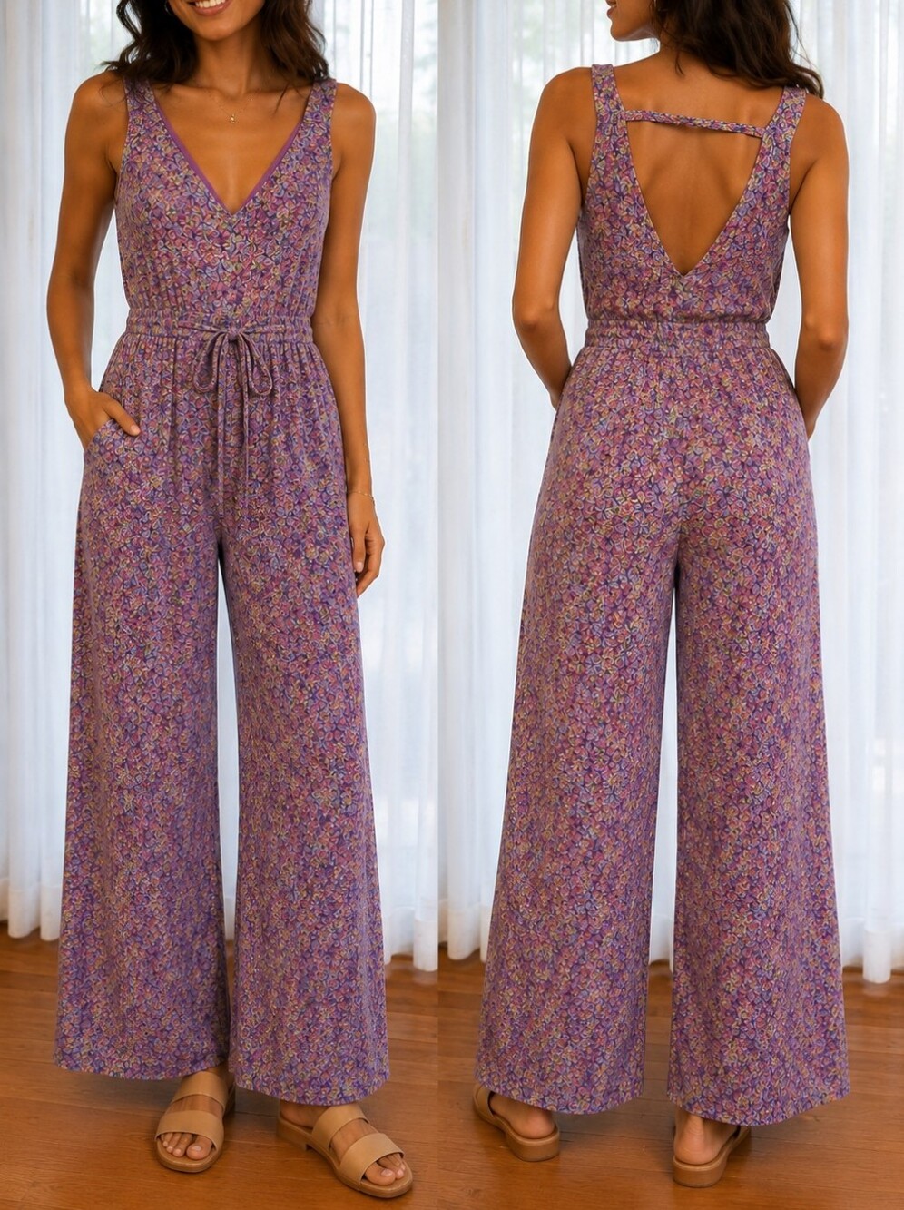Tigerlily Lavender Floral V-Neck Wide-Leg Jumpsuit